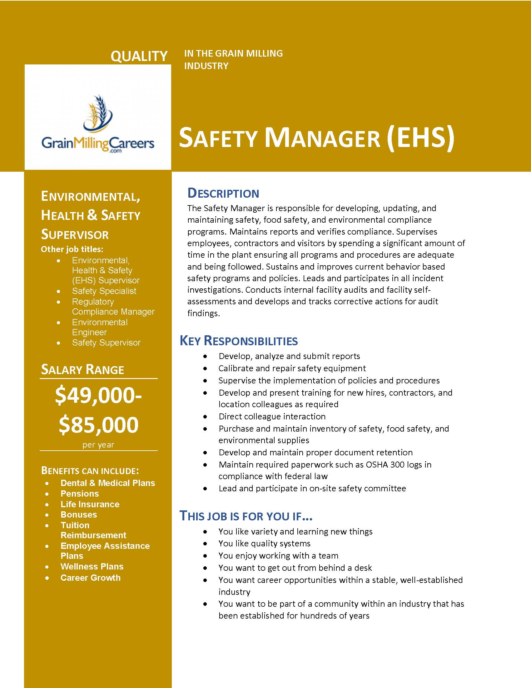 Safety Manager EHS Grain Milling Careers